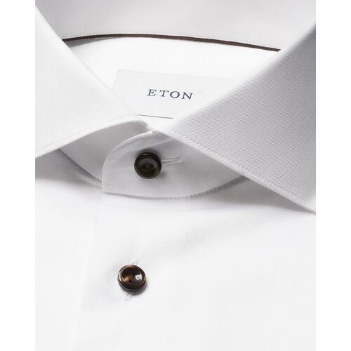 Eton Slim Fit - White Solid Brown Buttons Signature Twill Shirt